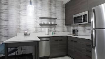 Mini-fridge, microwave, coffee/tea maker