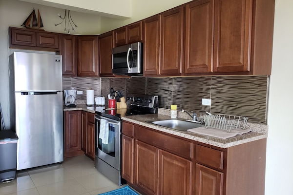 Deluxe Apartment | Private kitchen | Full-size fridge, microwave, oven, stovetop