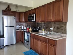 Deluxe Apartment | Private kitchen | Full-size fridge, microwave, oven, stovetop