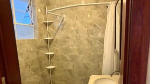Une salle de bain avec douche, toilettes et lavabo.
