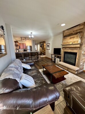 TV connectée, cheminée, lecteur de DVD, chaîne hi-fi