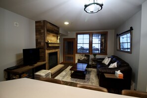 TV connectée, cheminée, lecteur de DVD, chaîne hi-fi