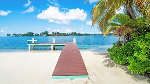 Een houten steiger die uitkomt op een strand met helderblauw water en palmbomen.