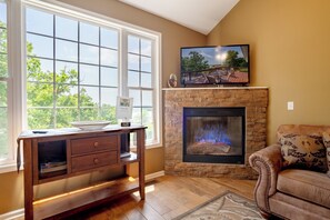 TV, fireplace, table football, books