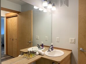 Combined shower/bathtub, hair dryer, towels, shampoo