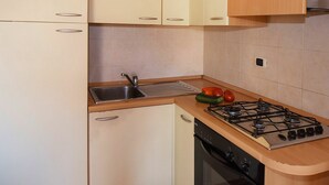 A compact kitchen with a sink, stove, and cabinets. - Nice apartment for 3 people with WIFI, TV, terrace and pets allowed (Silvi)