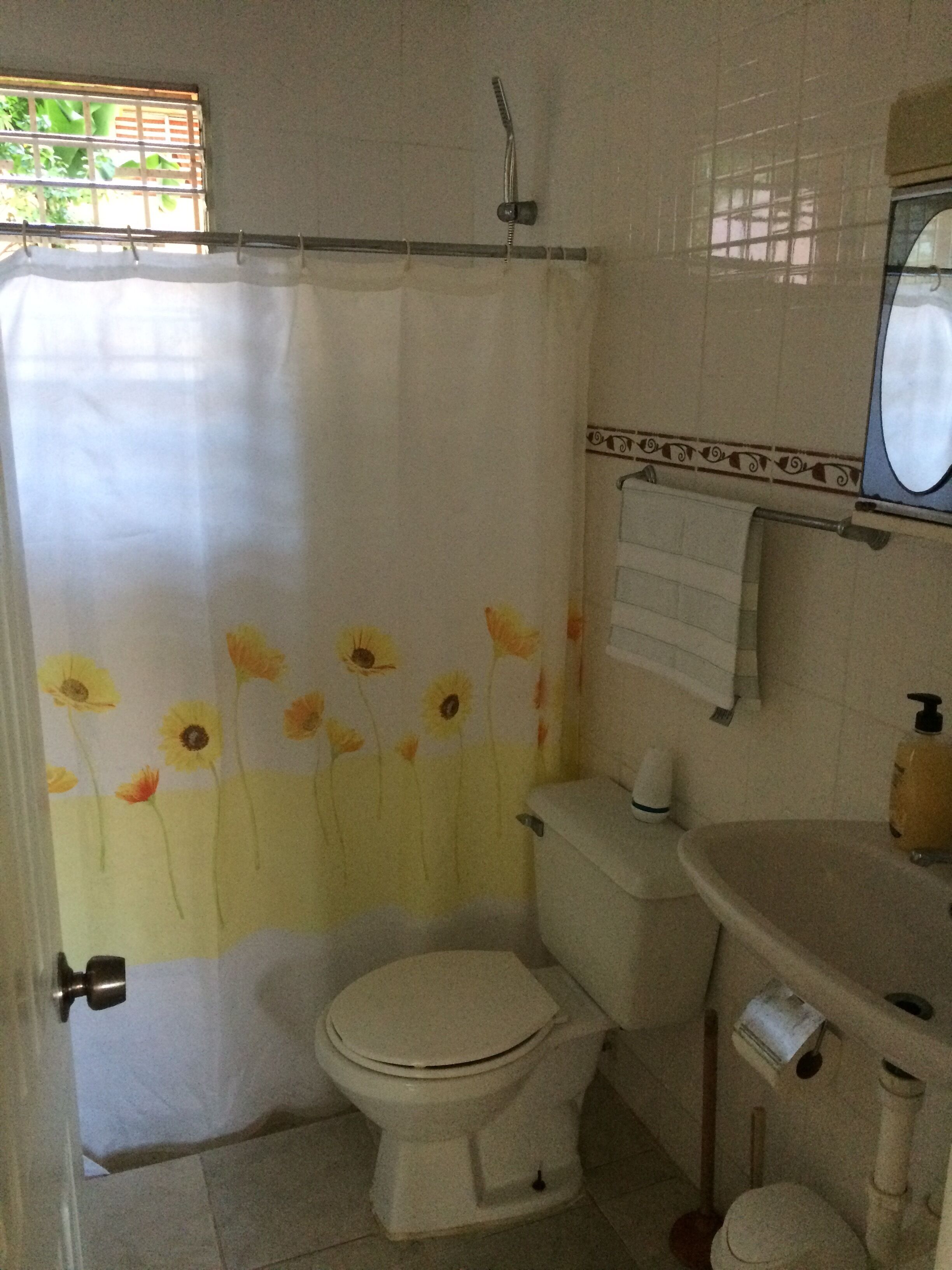 Shower, towels, soap, shampoo