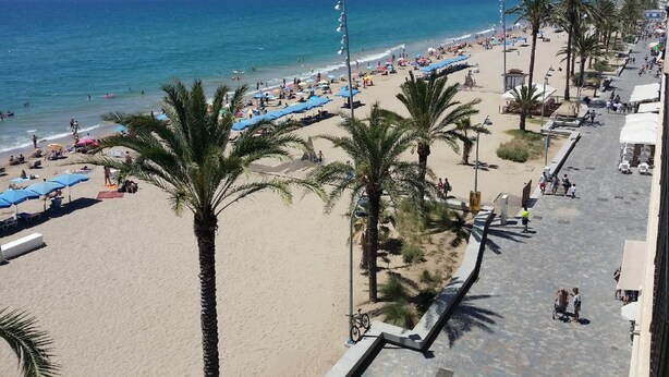 Een strand met palmbomen, parasols en mensen.