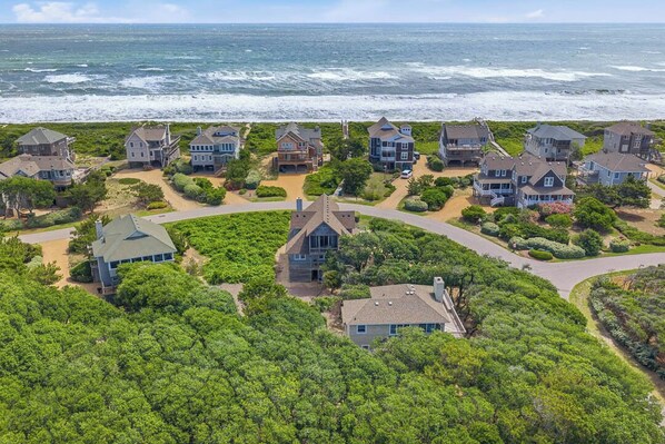 A coastal residential area with houses surrounded by greenery and a view of the ocean.