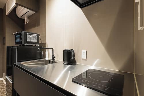 Full-size fridge, microwave, stovetop, electric kettle