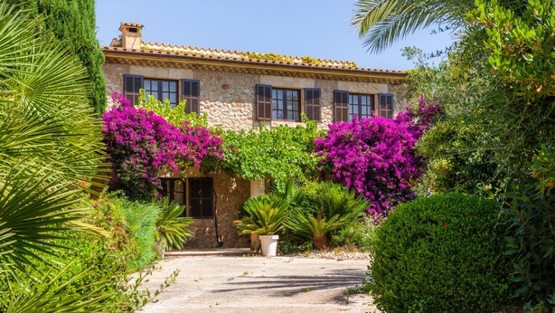 Un bâtiment en pierre avec un toit en tuiles, une entrée centrale et une végétation luxuriante, notamment des bougainvilliers aux fleurs violettes.
