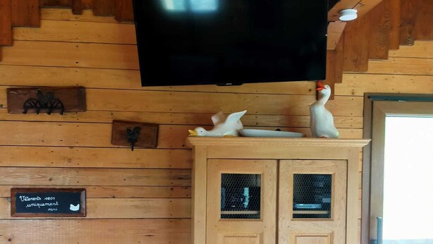 Interior de una cabaña de madera con un televisor montado, armarios de madera y un banco.