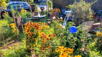 Un jardín con girasoles, una parrilla para barbacoa y mobiliario exterior.