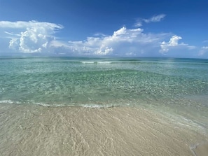 A beach with clear water, a sandy shore, and a blue sky with clouds. - GULF FRONT/CORNER/PRIVATE BEACH, Walk to Gulf Place, 1 Set Beach Chairs*, 4 Bikes, ‘San Remo’ (Santa Rosa Beach)