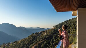A person standing on a balcony with a view of a mountainous landscape. - The Manor Luxury Apartments (Shimla)
