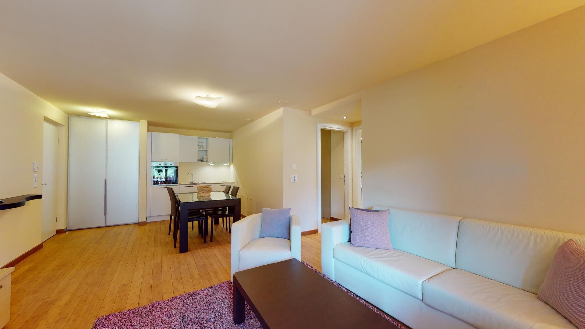 A modern apartment with a living room, dining area, and kitchen.
