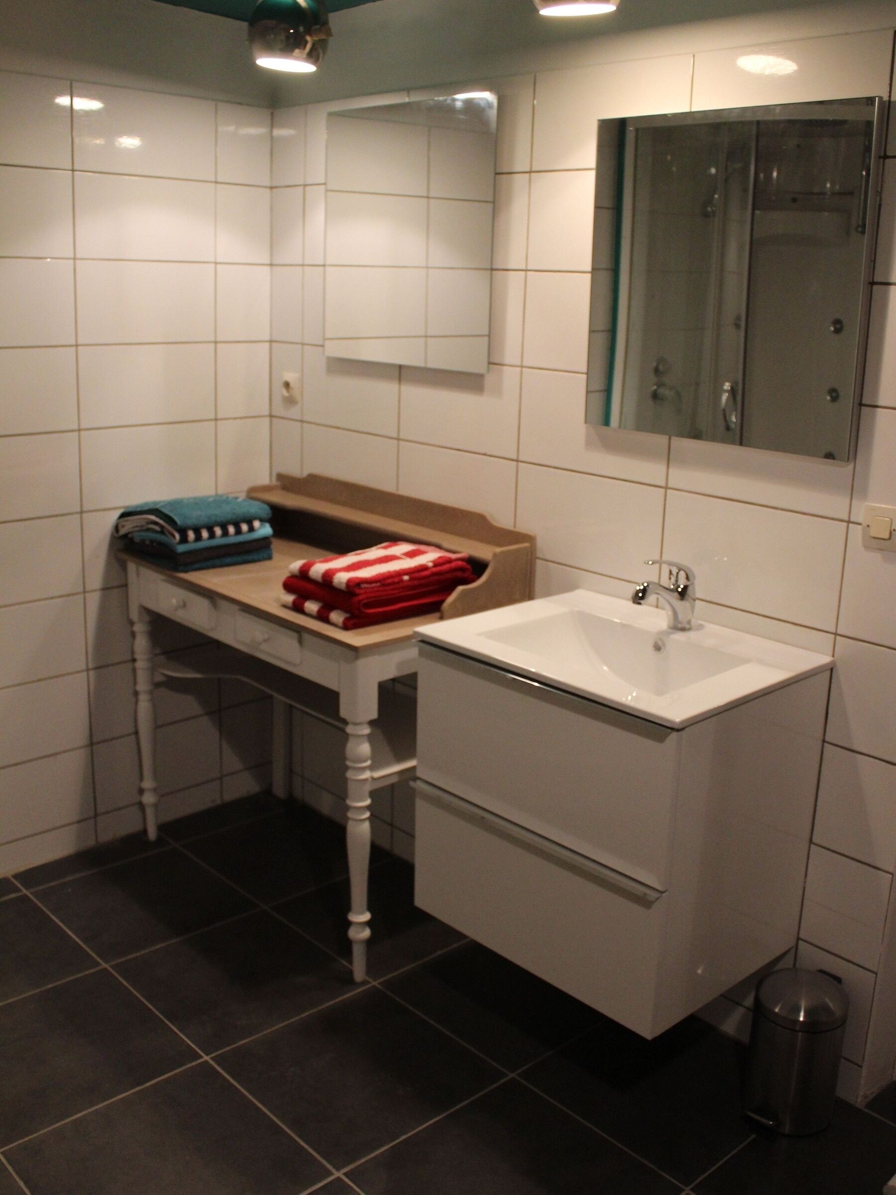 Une salle de bain avec un lavabo blanc, un miroir et un porte-serviettes.