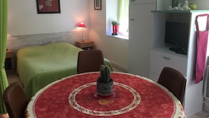 A room with a bed, a table with a cactus centerpiece, a TV, and a window with a plant. - Charming 19th Century House in Mirabelle Country with Terrace and BBQ (Rozelieures)