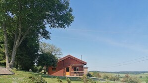 Une petite maison en bois d’un seul étage, avec un toit en pente, entourée d’une pelouse où poussent des fleurs blanches et des arbres.