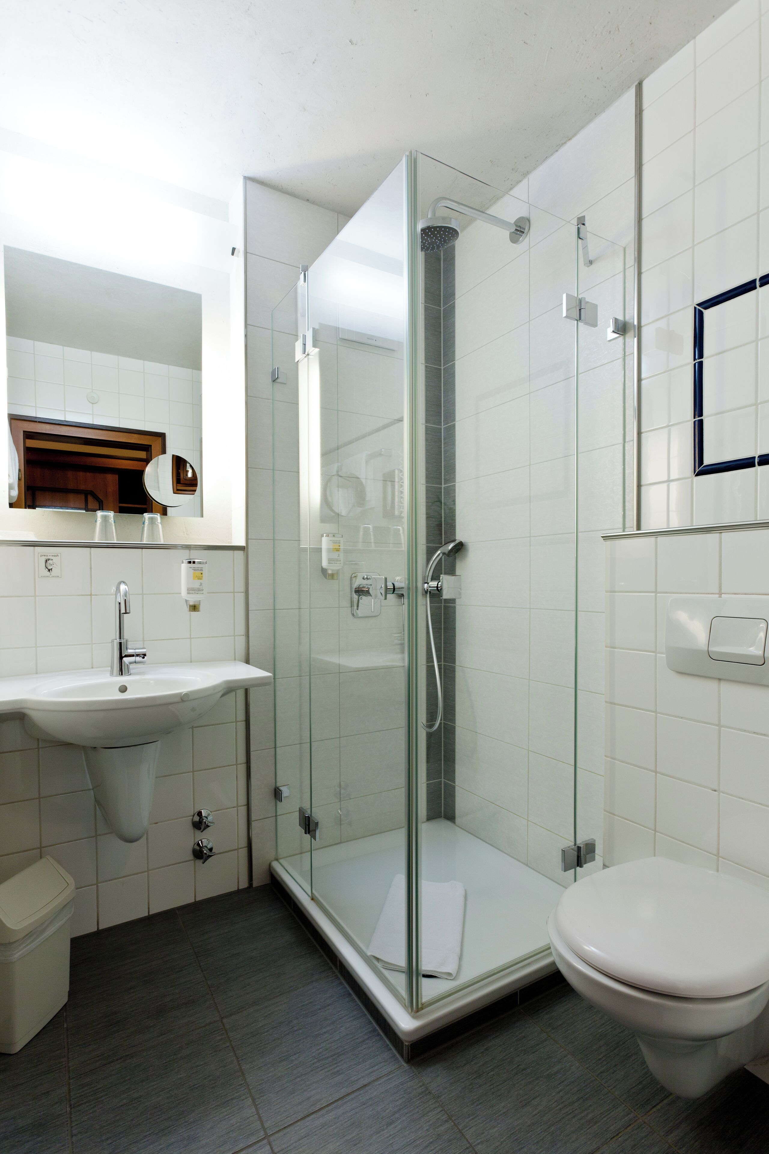 A modern bathroom with a glass-enclosed shower, a sink, and a toilet.