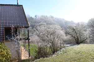 Una casa con tejado de tejas, terraza de madera y vista a árboles y colinas cubiertas de escarcha al fondo.