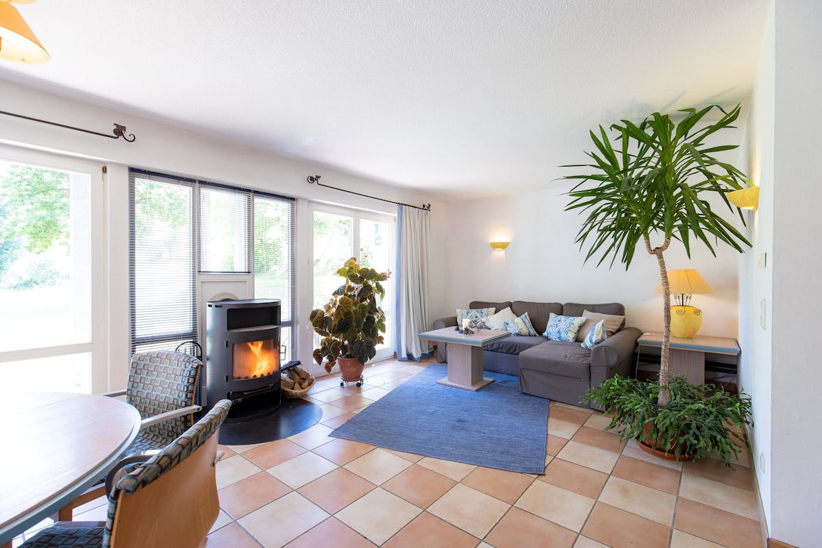A living room with a fireplace, a sofa, a dining table, and potted plants.