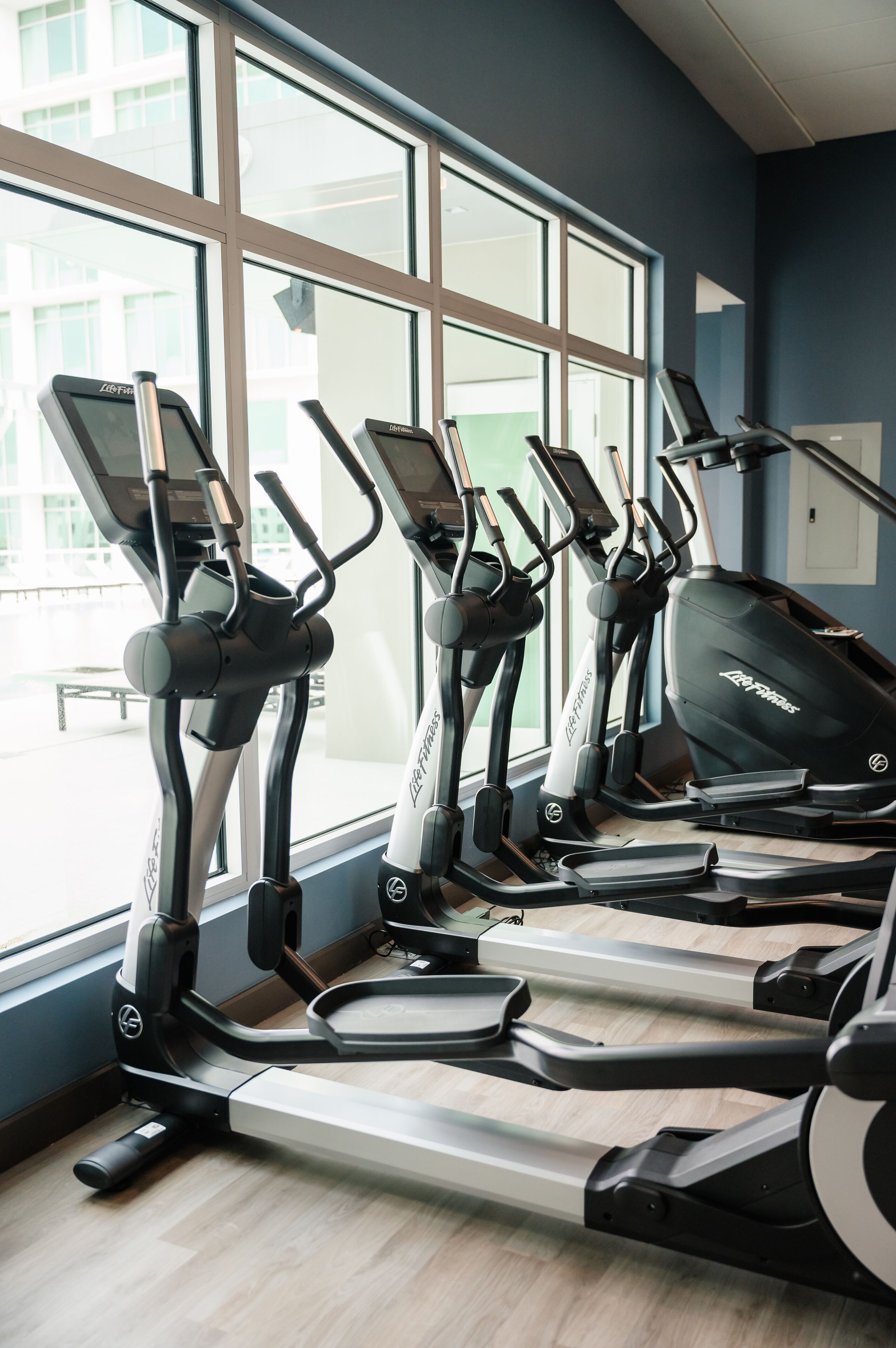 Varias bicicletas estáticas en un gimnasio con amplios ventanales.