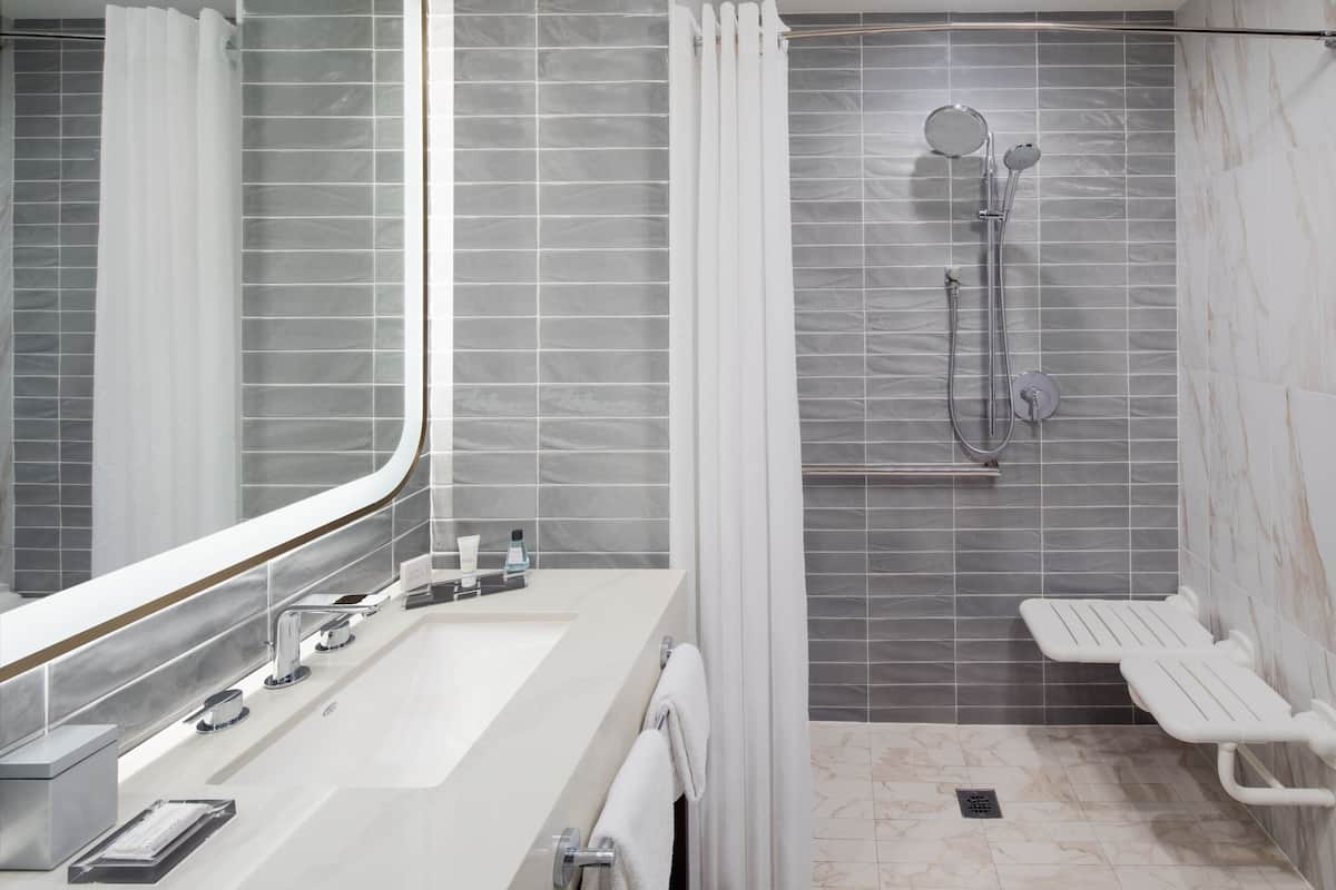 shower, free toiletries, hair dryer, towels