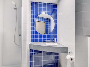 Shower, hair dryer, soap, toilet paper