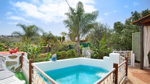 Una piscina rectangular con una paleta de colores blanco y azul, rodeada por una valla de madera y un muro de piedra.