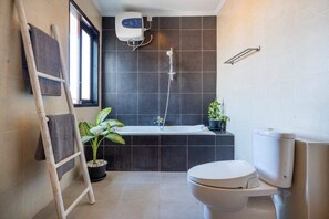 Combined shower/bathtub, hair dryer, towels, soap
