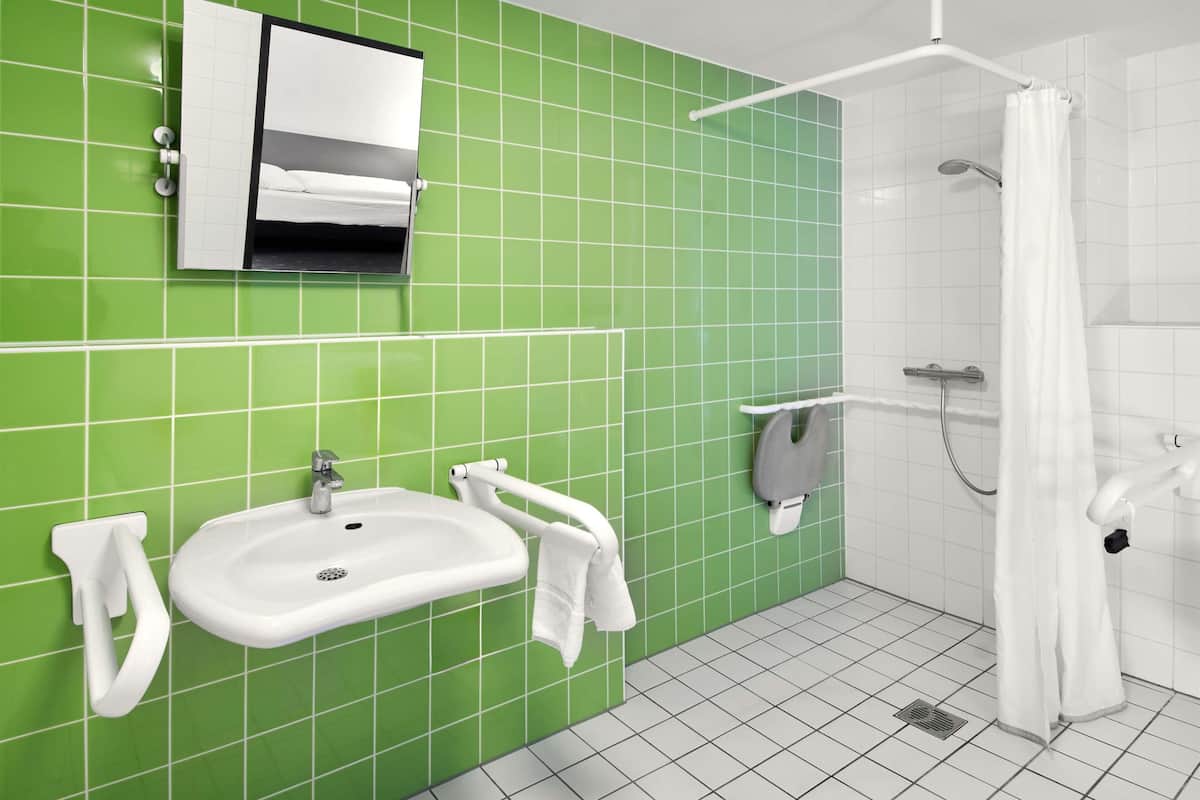 shower, hair dryer, soap, shampoo