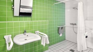 Shower, hair dryer, soap, shampoo