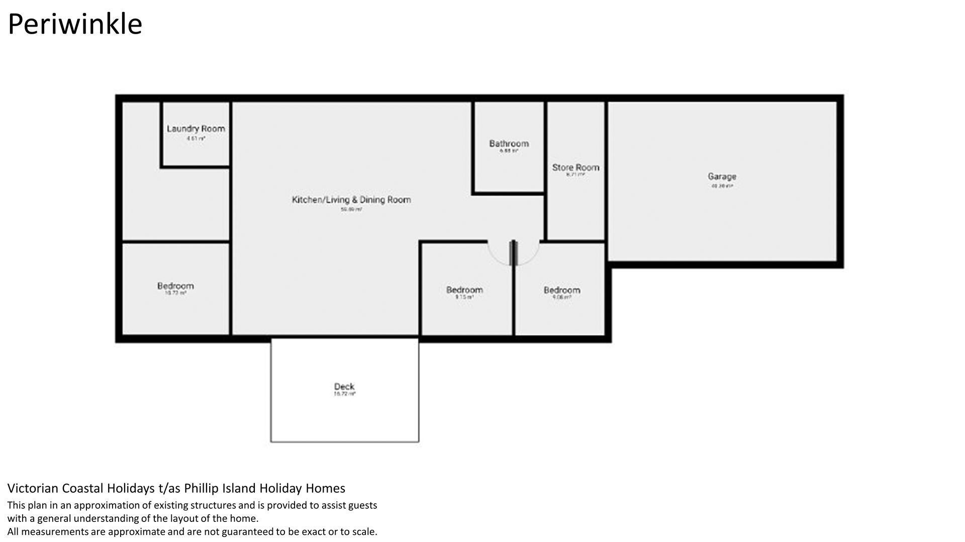 Plano de planta de una propiedad con habitaciones identificadas, que incluyen Lavandería, Cocina/Comedor y Sala de Estar, Baño, Almacén, Garaje y tres Dormitorios.