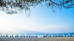 A beach with rows of sun loungers and umbrellas, a clear sky, and a calm sea in the background. - Xenios Port Marina (Kassandra)