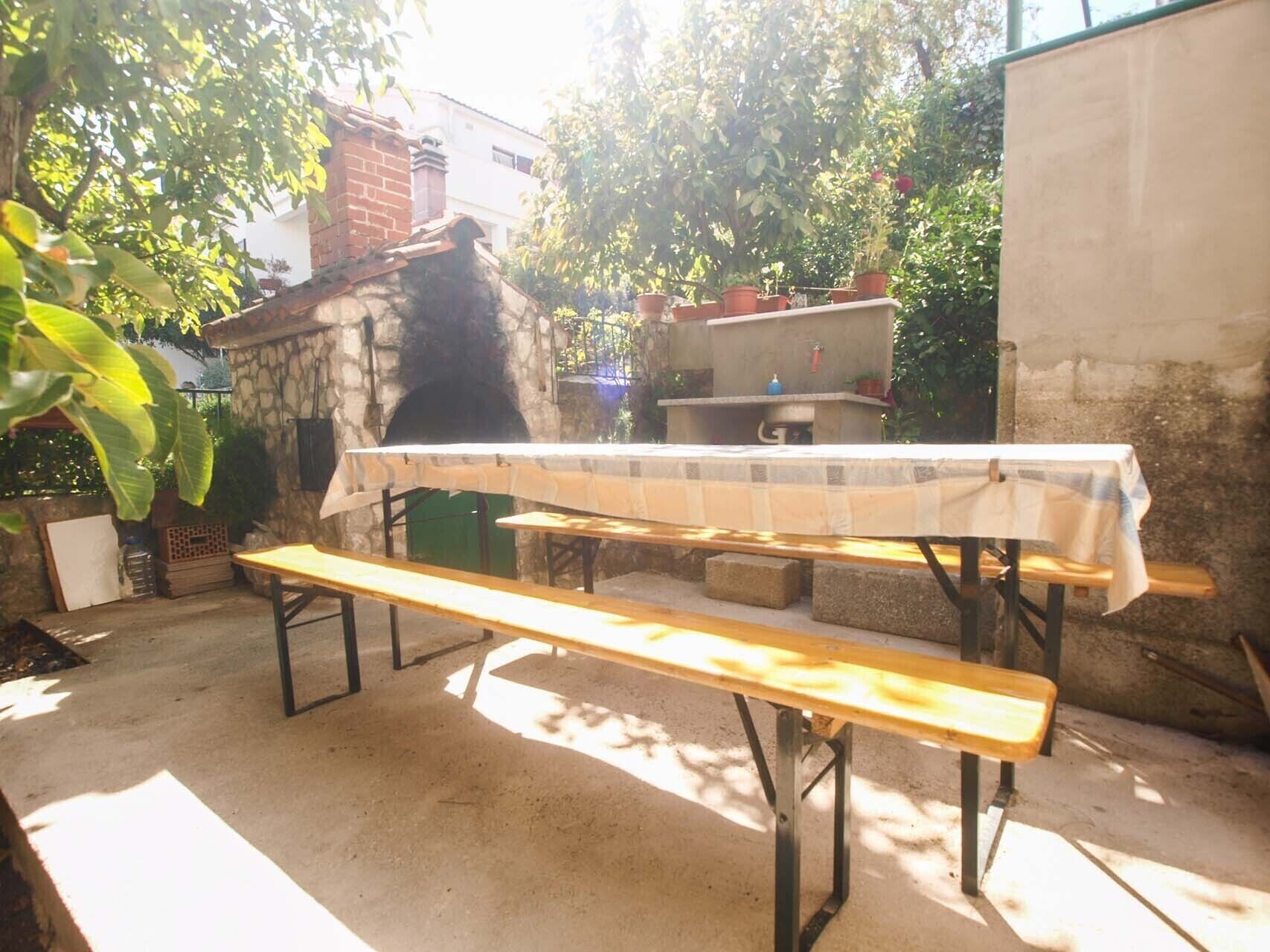 An outdoor patio area with a wooden table and benches, surrounded by stone walls and potted plants.