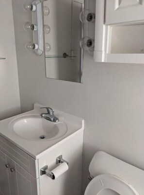 Bathroom features a sink, mirror, and toilet.