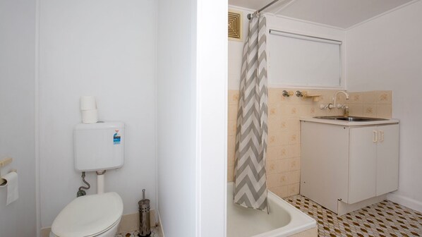 A bathroom with a toilet, a sink, and a shower.