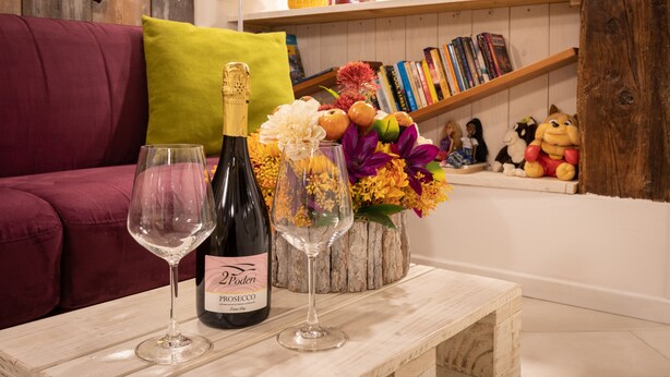 A table with two wine glasses and a bottle of wine, a vibrant flower arrangement, and a bookshelf with books and figurines in a cozy room. - “Ea casa de mì - The Magic of Experiencing Venice” (Venezia)