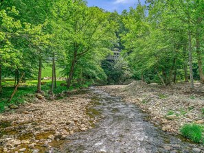 A river flowing through a forested area with a house in the background. - Riverfront Sanctuary | Your Mountain Getaway (Burnsville)