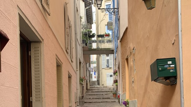 Una estrecha calle adoquinada bordeada por edificios con balcones, plantas en macetas y un buzón verde.