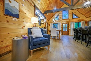 TV, fireplace, books, music library