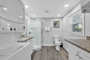 A modern bathroom with a glass shower enclosure, a toilet, and a granite countertop. - Charlotte Luxury Home NoDa (Charlotte)