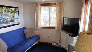 A room with a blue sofa, a television, a lamp, and a painting of a tropical scene.