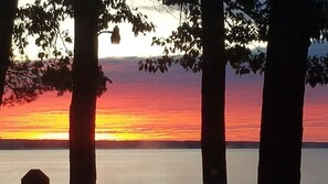 A sunset view with trees and a calm body of water.