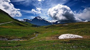 Un paisaje montañoso con cielo despejado, un pico nevado y un valle cubierto de hierba.