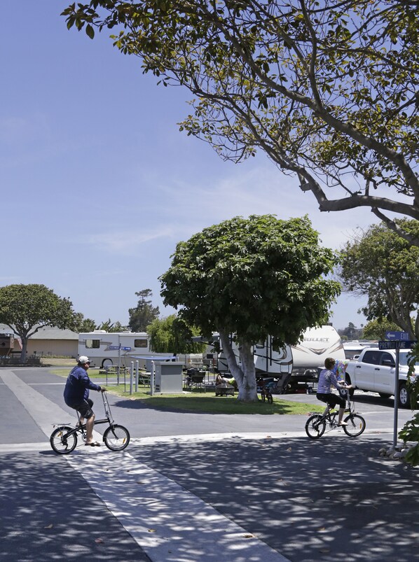 Una escena callejera con dos ciclistas, un árbol grande y vehículos recreativos estacionados al costado.
