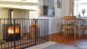 Un salon chaleureux avec un poêle à bois, un coin repas avec une table et des chaises, et une grande fenêtre avec des rideaux.