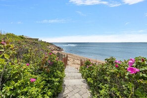 On the beach, sun-loungers, beach towels