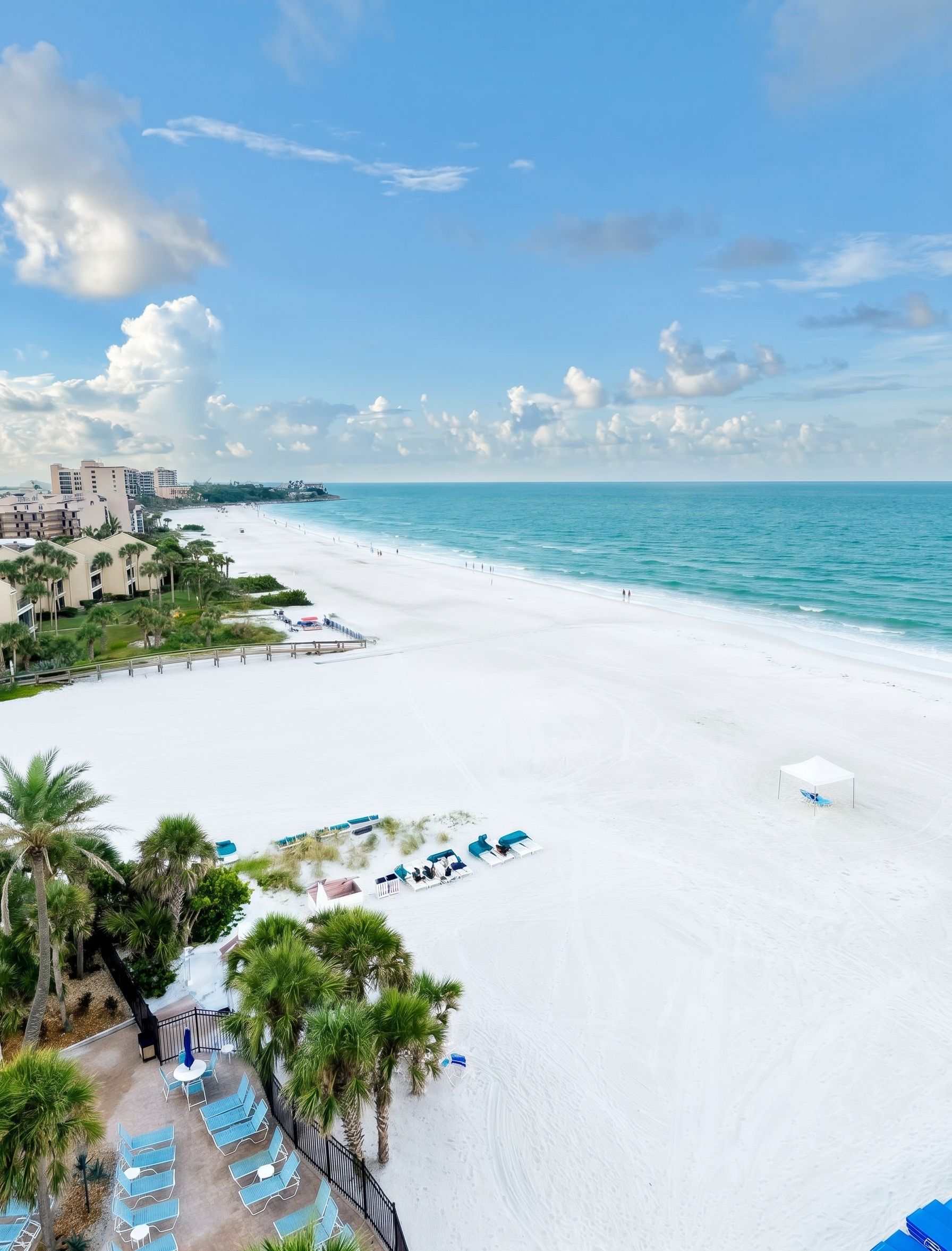 A beach with white sand, a clear blue sky, and a few buildings in the background.